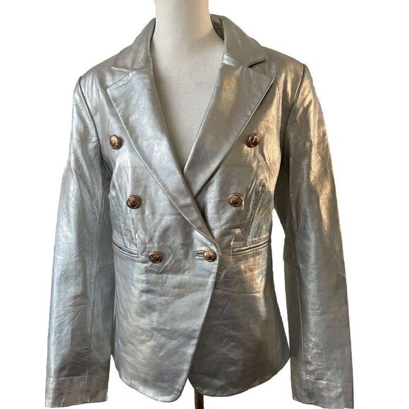 NWT Walter Baker Marley Leather Silver Metallic Double Breasted Blazer Medium - Picture 7 of 8